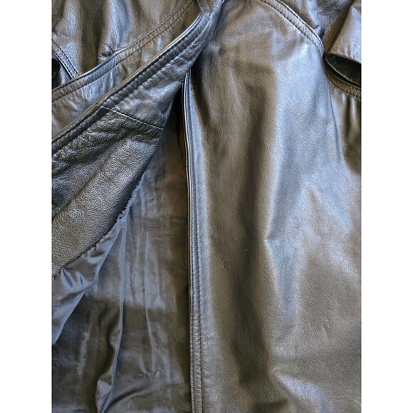VTG Express Black Leather Trench Coat Shoulder Pads Petite SZ 12? MISSING BUTTON - Picture 6 of 12